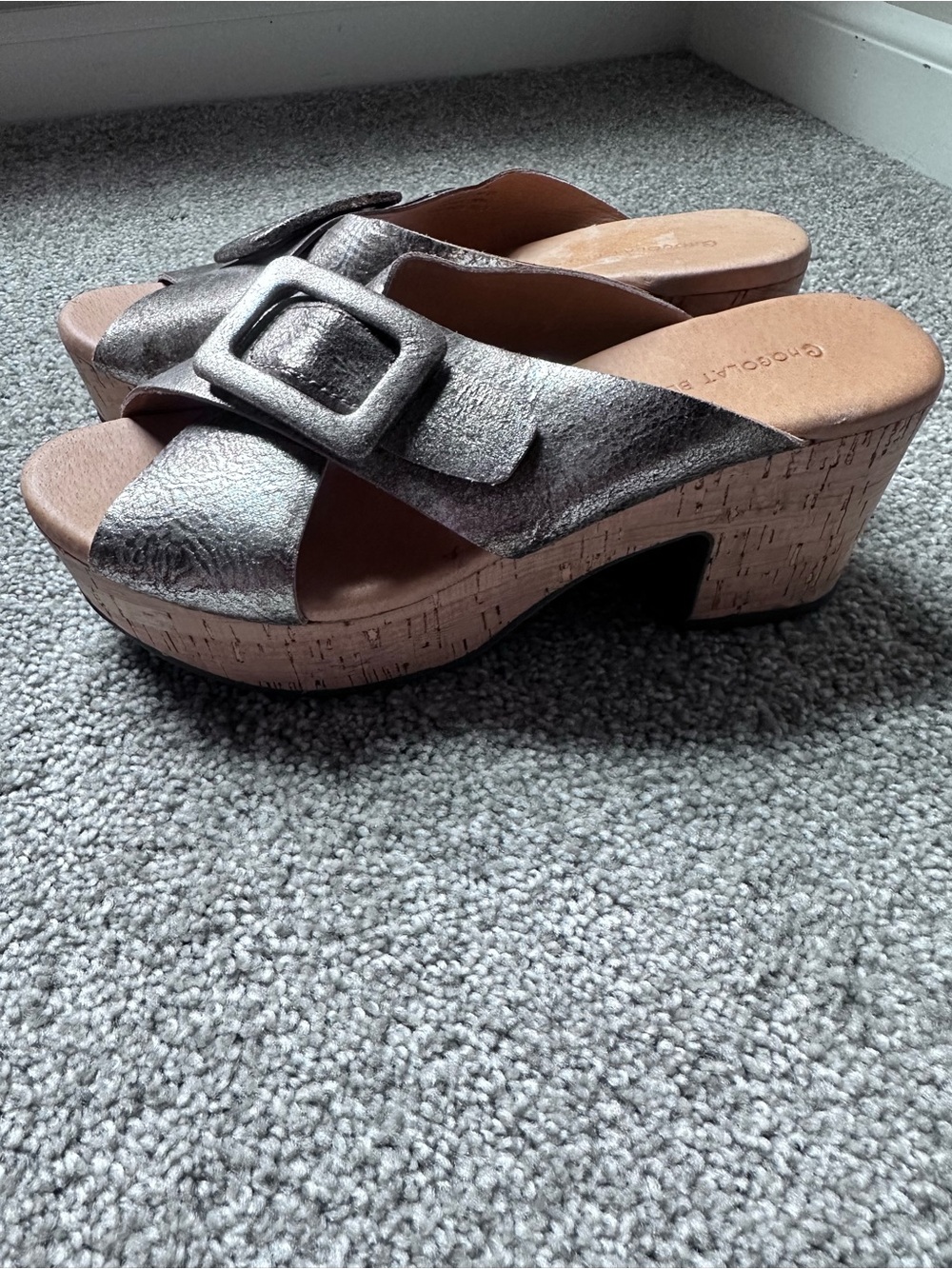 Chocolat Blu Metallic Cork-Wedge Slide Sandals with Buckle